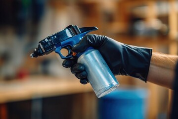 Naklejka premium Close-up of a Person's Hand in a Black Glove Holding a Spray Gun