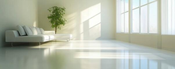 Fototapeta premium Minimalist living room with white sofa and green plant in sunlit modern space