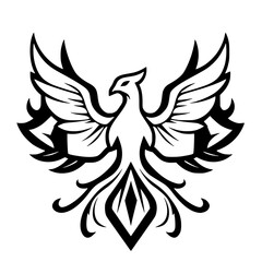 Fototapeta premium Emblematic Phoenix: A stylized, black and white illustration depicting a phoenix with wings open, rising up.