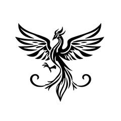 A bold, stylized black and white phoenix emblem with widespread wings against a white background, emphasizing the bird's graceful elegance.