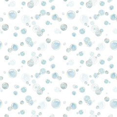 Blue water bubbles of different sizes and tones in a chaotic order. Watercolor illustration drawn by hand. Seamless pattern, endlessly repeating ornament, on a white background