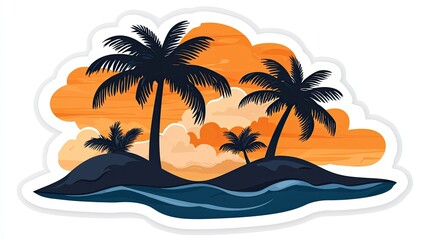 Tropical Island Sunset Scene With Palm Trees