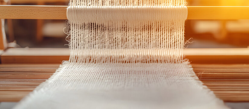 Weaving Process: A detailed view of a loom in action, creating textile fabric with precision. The craftsmanship is evident.