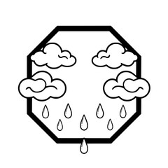 Rain: A Black and White Illustration of Clouds and Raindrops within an Octagon.