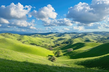 Obraz premium Serene Green Hills Under Fluffy Clouds: A Springtime Paradise with Beautiful Nature