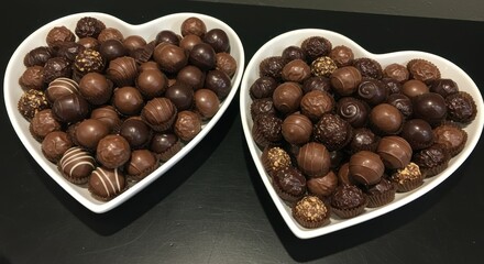 Obraz premium Two heart-shaped platters filled with a variety of chocolates the heart-shaped platters are white made of ceramic filled with chocolate balls chocolate truffles