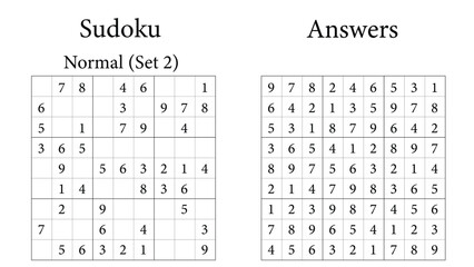 Sudoku Puzzle 9x9 Set 2 Normal with Answers, Fun Brain-Training Game for Kids, Teens and Adults, Vector