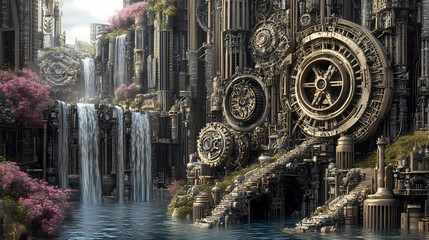 Naklejka premium A futuristic clockwork city where time flows through shimmering canals, powered by intricate gears and moving machinery, creating a surreal and mechanical wonder. Dreamlike Canals. Illustration