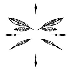 Abstract symmetrical composition of black feathers and arrows on white background.