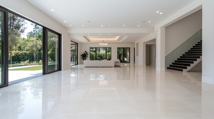 Obraz premium Modern home living room, large windows, patio view