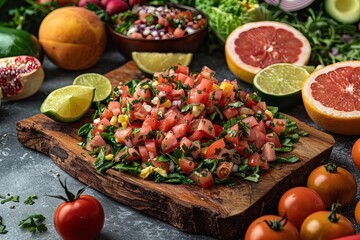 Spring Vegan Salad Bursting with Freshness: Spinach, Cherry Tomatoes, Corn, Cucumber, & Red Onion on Gray Stone Table