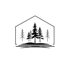 Obraz premium Minimalist Treehouse, Black and white pine silhouette set within a frame, in a simple style, minimalist.