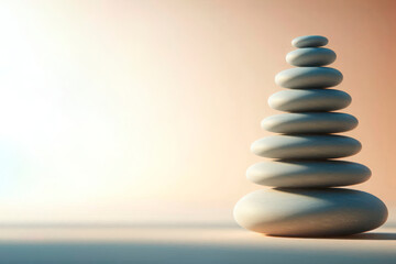 Obraz premium Stone tower made of smooth stones on a light background. Space for text.