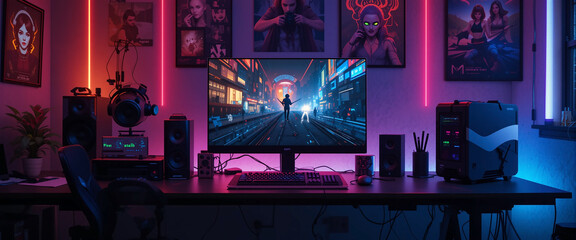 Wide gaming console table image with colorful neon busy room background and a game player in front of the pc computer screens with headphones and accessories around