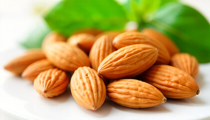 Almonds nut with leaves isolated on white background They are highly nutritious and rich in healthy fats or Highdensity lipoprotein HDL cholesterol antioxidants vitamins and minerals