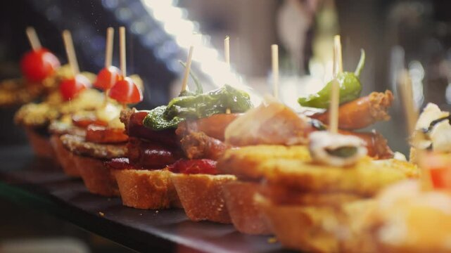 Italian or Spanish restaurant with traditional tapas pinchos food, Spanish cuisine, delicious tapas and cheese plate, bruschetta with cheese, olives dry tomatoes tasty sandwich bar appetizer, buffet