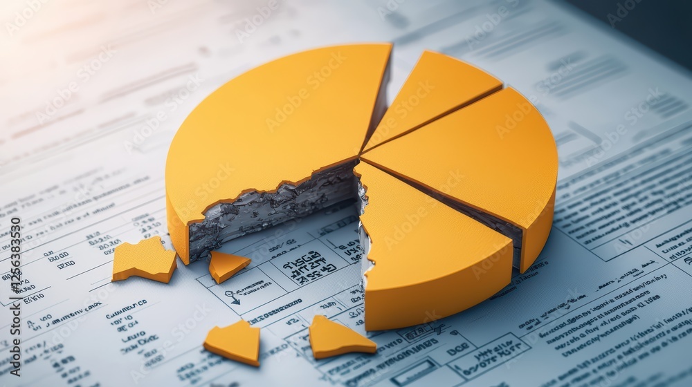 Poster yellow pie chart segment on financial report sheet background