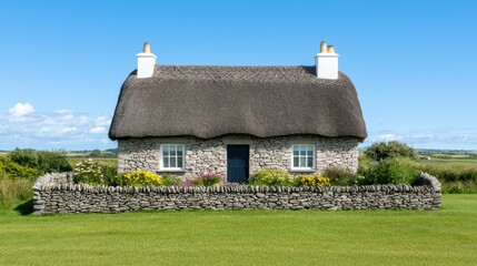Charming thatched cottage surrounded by beautiful green landscape