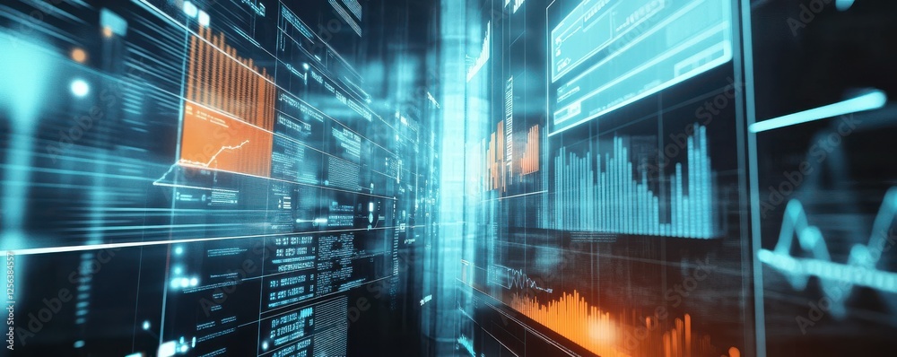 Poster futuristic data analytics dashboard with digital graphs and charts