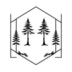 Obraz premium Minimalist Black and White Silhouette of Pine Trees in Hexagonal Frame
