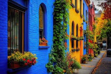 Naklejka premium Vibrant Architectural Beauty of West Village: Colorful Homes along Gay Street in Manhattan's Downtown Landscape