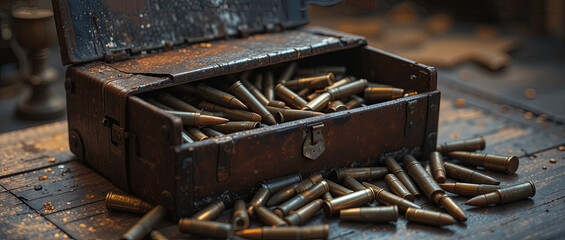 A weathered chest filled with numerous bullet casings spills onto a worn wooden tabletop, illustrating a sense of history and adventure in a workshop setting
