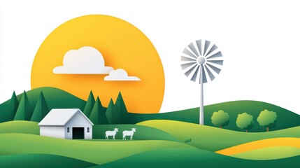 Colorful Rural Landscape with Dairy Cows, Windmill, and Sun
