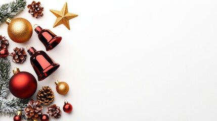 Holiday Decorations with Ornaments, Bells, and Pine on White Background