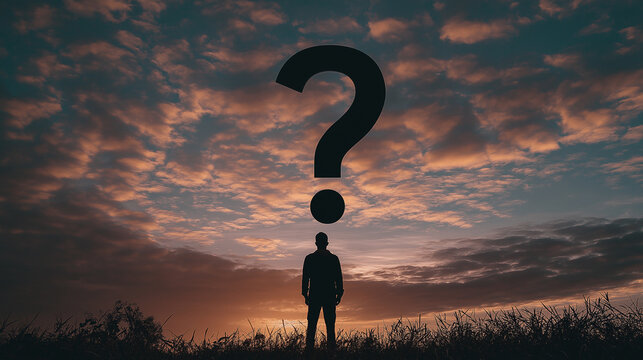 Man standing in nature looking at giant floating question mark in sky representing curiosity, mystery, decision-making, life choices, philosophical thinking, and conceptual creativity
