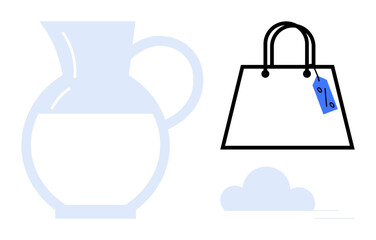 Shopping bag with price tag, jug contour, and small cloud shape. Ideal for retail, shopping, sales, ecommerce, kitchenware minimalism and simplicity themes. Modern clean lines for abstract line