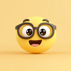 Cute yellow nerd emoji with glasses smiling on minimal pastel background symbolizing intelligence, creativity, education, geek culture, positivity, smartness, and digital illustration