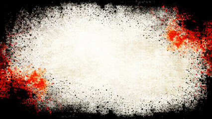 Abstract aged black white with red abstract grunge background with stains and dots and black vignette with empty space, overlay.
