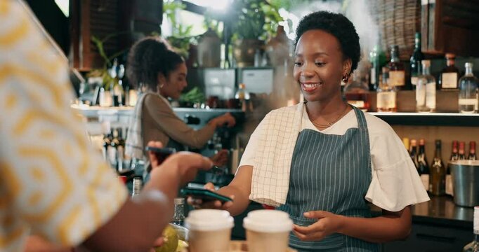 Employee, restaurant and customer with payment, finance and hospitality with online banking. Digital transaction, people and woman with machine, consumer and credit card in store and purchase