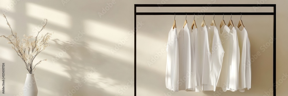 Poster neatly arranged minimalist clothing rack showcasing various garments in a bright, serene setting. ge