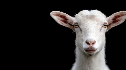 Obraz premium Close-up portrait of a white goat against black background. Possible use Stock photo