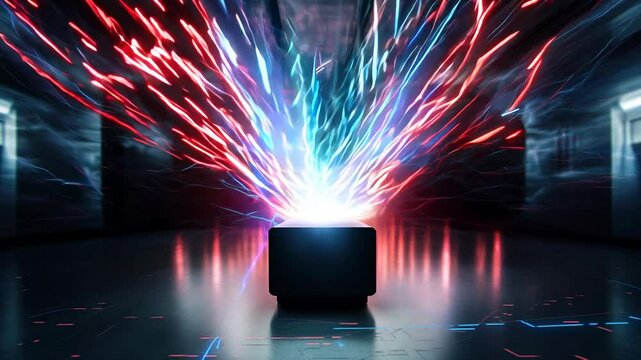 Plasma energy core radiating dynamic electric currents in a futuristic high-tech environment. Advanced energy technology, quantum physics, and power generation.