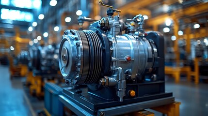 Obraz premium This image displays a high-performance engine component in a factory, emphasizing the precision engineering and advanced technology involved in modern manufacturing.