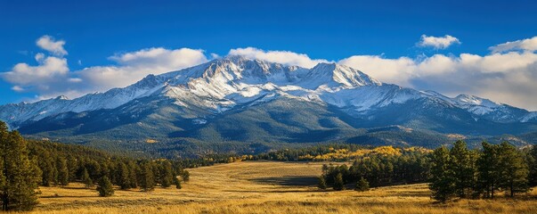 Obraz premium Majestic snow-capped mountain range under blue sky with lush forest and open meadow