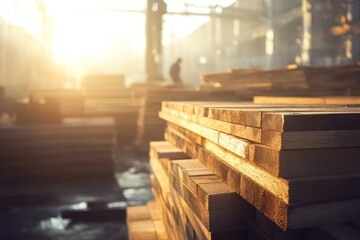 Obraz premium Golden Hour Lumber: Stacks of Wood in a Warehouse