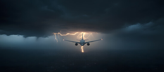 Facing nature's fury: an aircraft flies toward a storm cloud pierced by lightning, illustrating the power of nature and the challenges of air travel.