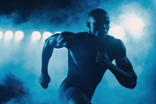 Powerful male athlete sprinting under dramatic lighting in a black and white sports scene