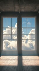 Fototapeta premium Bright and airy interior space with large windows overlooking a cloudy sky