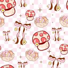 mushroom pattern seamless, vintage flowers, Vintage Retro mushroom Seamless Pattern, Pink bow Coquette valentine seamless file, Retro easter seamless file, Retro coquette Digital wallpaper background