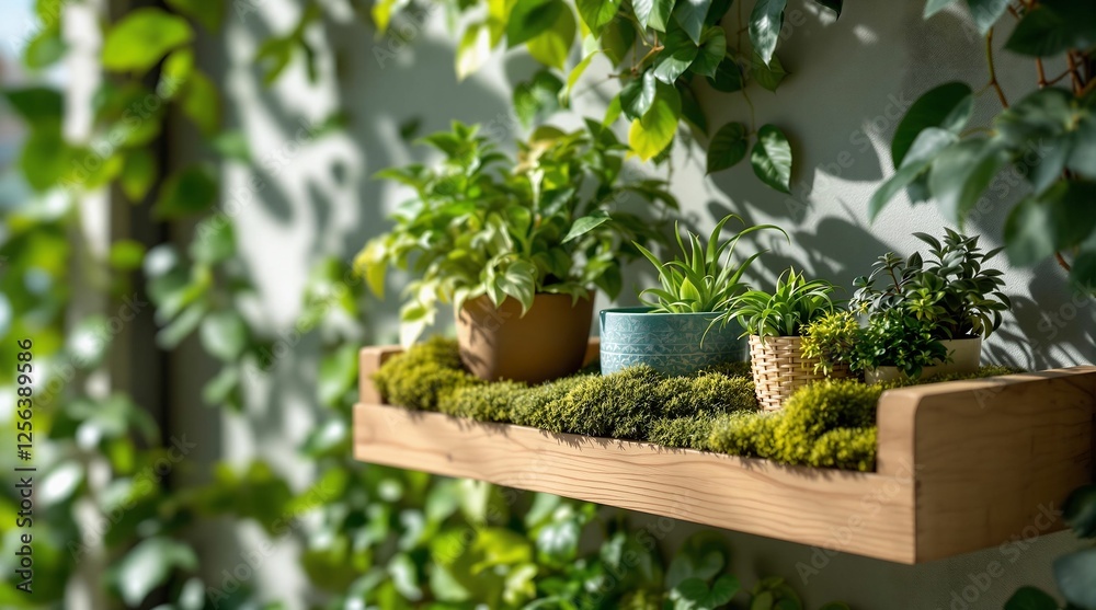 Poster a wooden shelf attached to a wall, adorned with a variety of potted plants and moss. the plants vary