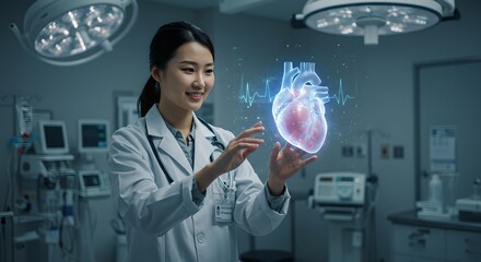 Asian woman doctor using holographic heart in futuristic hospital. Advanced medical technology, cardiology research, and digital healthcare visualization concept