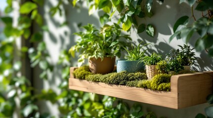 A wooden shelf attached to a wall, adorned with a variety of potted plants and moss. The plants vary in size and type, with some appearing succulents and others smaller ones. The shelf is made of a li