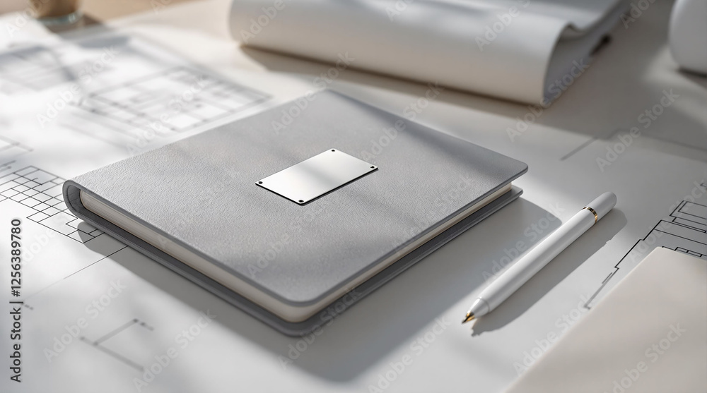 Poster A close-up shot of a white surface featuring a notebook with a silver cover, a pen, and a roll of paper with blueprints. The background is slightly blurred, emphasizing the objects on the table.