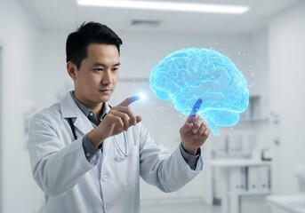 Asian male doctor examining holographic brain model in futuristic medical lab. Neurology research, AI in healthcare, advanced diagnostics concept