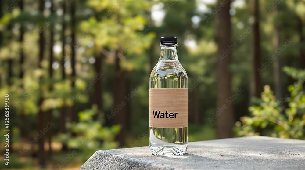 Poster a bottle of water placed on a stone surface, with a label on it, set against a blurred background of
