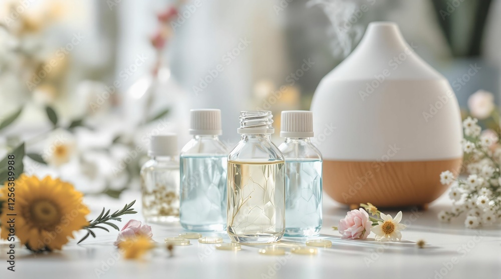Poster A close-up shot of a table with a diffuser and several glass bottles filled with essential oils, surrounded by flowers and leaves. The background is slightly blurred, emphasizing the focus on the esse